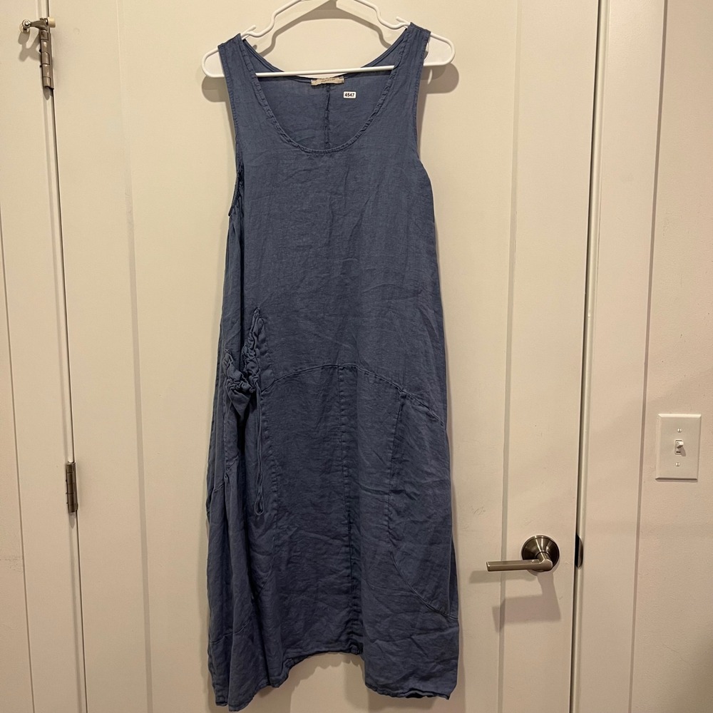 Diverso Italy Blue Linen Lagenlook Midi Dress Sleeveless Asymmetrical ART9468